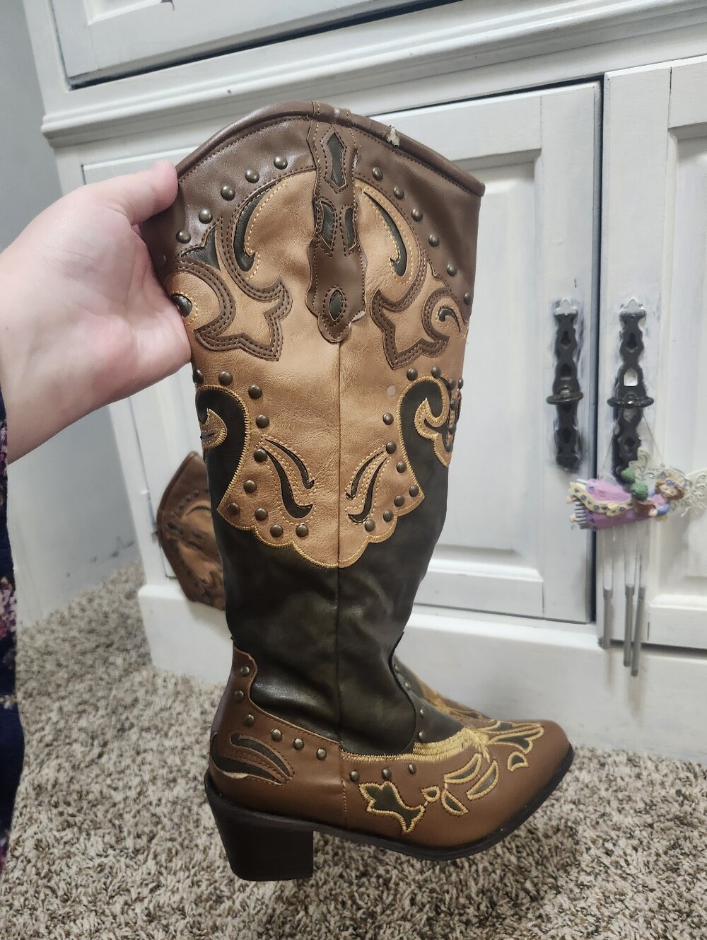 Tall Knee High Cowgirl Brown and Tan Embroidered Western Fashion Boot 37